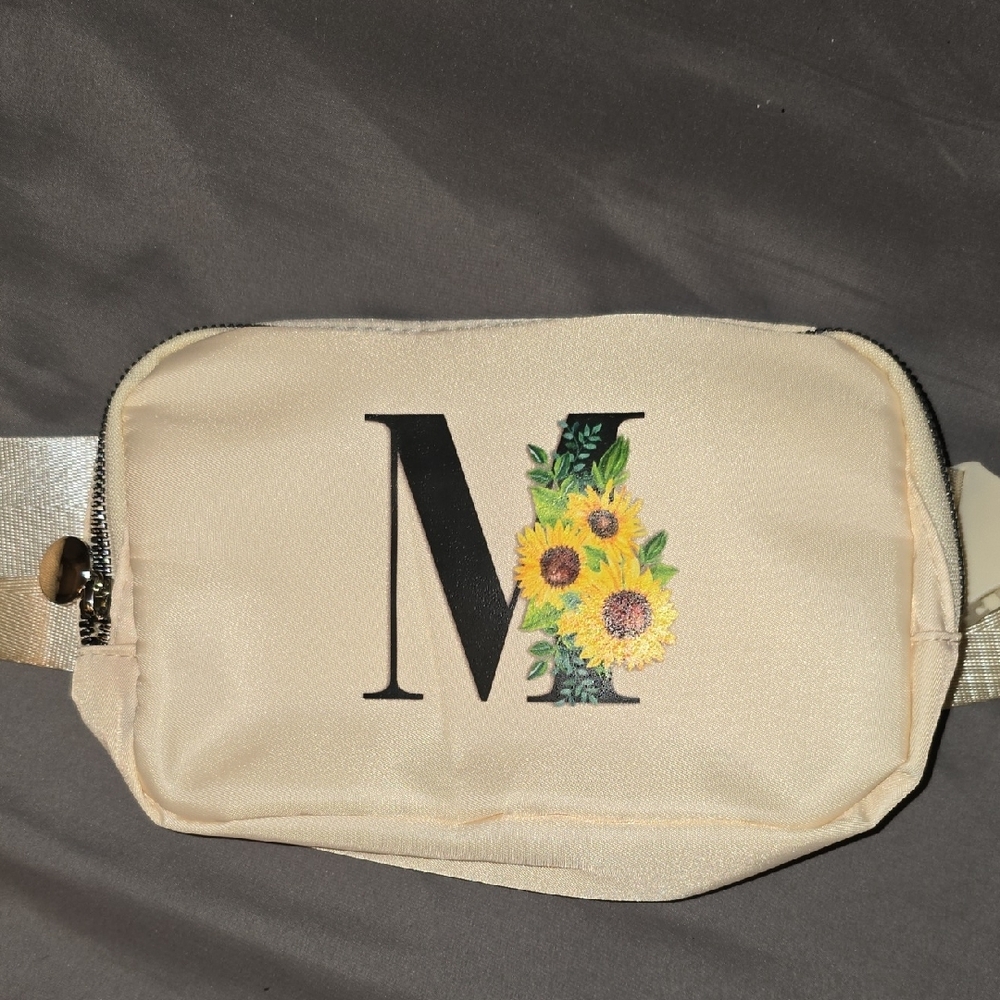 M Letter M Stylish Cream Crossbody Bag with Sunflower Accent Belt Bag 2 Pockets - Picture 3 of 7